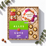 Geschenkbox Alles Gute mit Milka „Alles Gute“ Pralinés, Merci und Heindl Schoko Fouree, Ansicht von oben