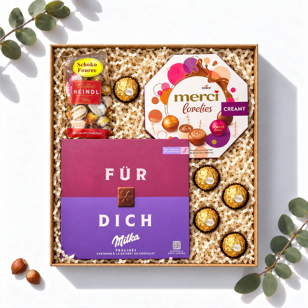Geschenkbox Für Dich mit Milka „Für Dich“ Pralinés, Merci und Heindl Schoko Fouree, Ansicht von oben