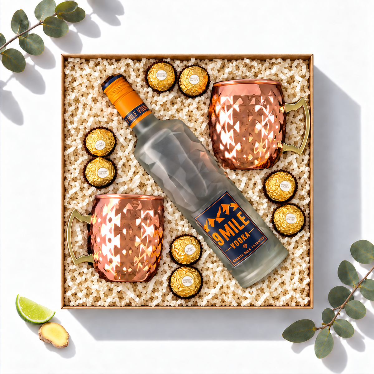 Geschenkbox Moscow Mule Erlebnis mit 9 Mile Vodka und zwei Moscow Mule Kupferbechern, Cocktail-Geschenk von oben