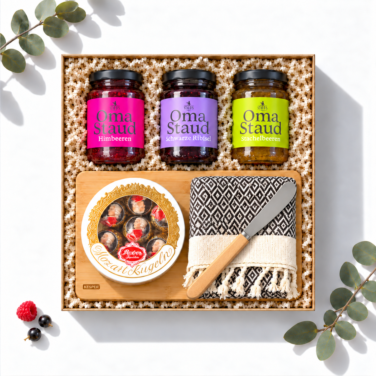Geschenkbox Süßes Erwachen mit drei Gläsern Staud's Marmelade, Reber Mozartkugeln, Holzbrett und Streichmesser, Ansicht von oben
