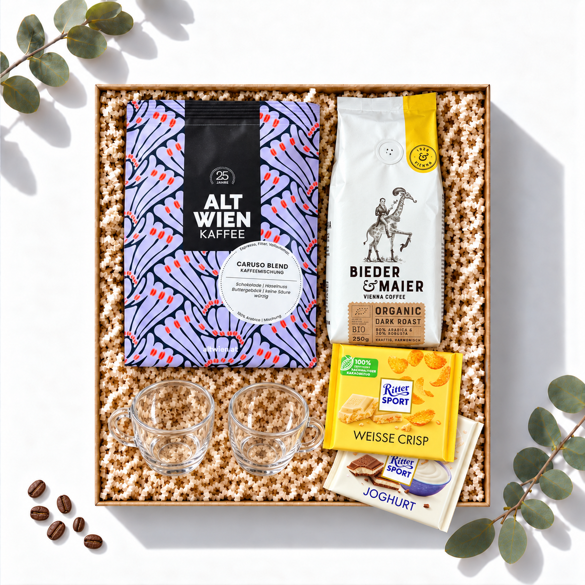 Geschenkbox Wiener Espresso mit Alt Wien Caruso, Bieder & Maier Dark Roast, Ritter Sport und Espressogläsern, Ansicht von oben
