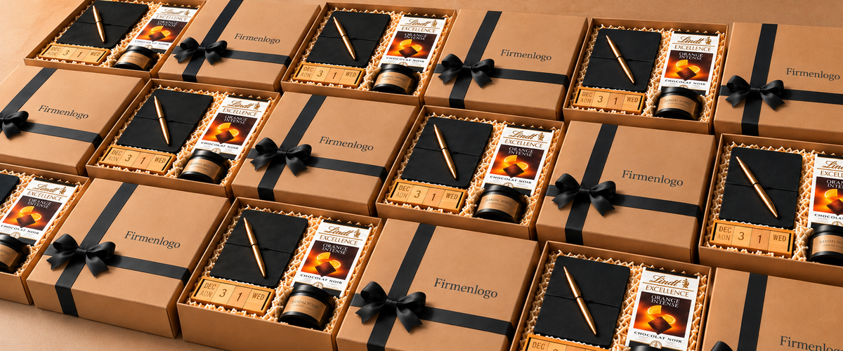 Personalisierte Firmengeschenke von Geschenkify: offene Business-Eleganz-Boxen im Wechsel mit Geschenkboxen mit Firmenlogo und schwarzer Schleife.