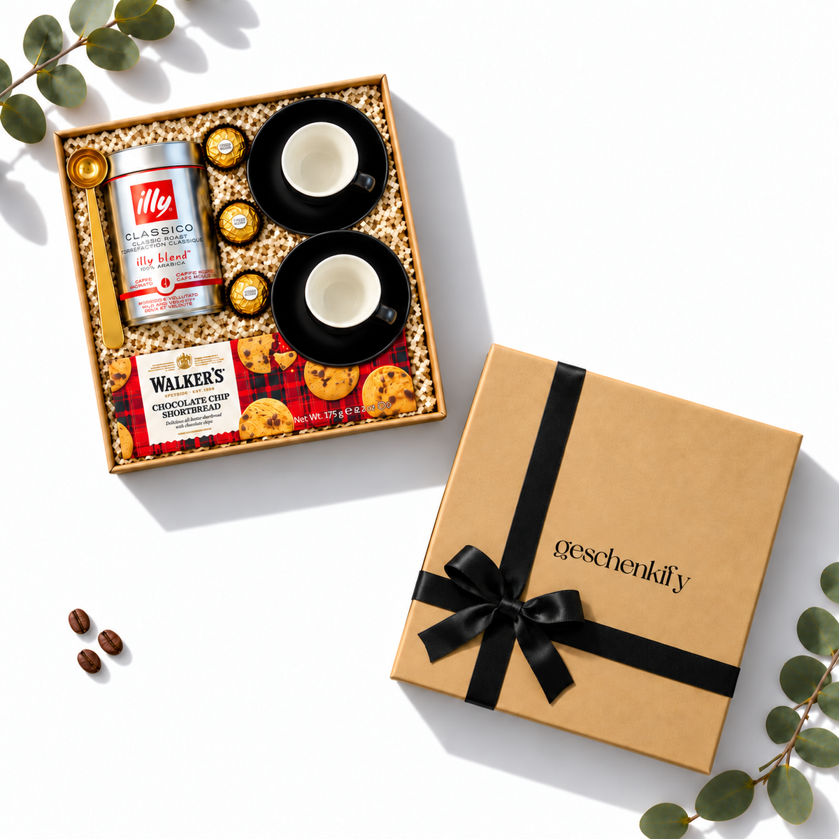 Offene Geschenkbox Espresso Eleganz neben einer geschlossenen Geschenkify Box mit schwarzer Schleife