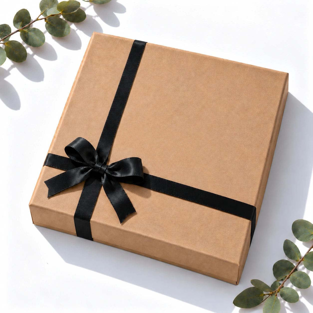 Deine Geschenkbox aus Naturkarton mit schwarzer Schleife in seitlicher Ansicht